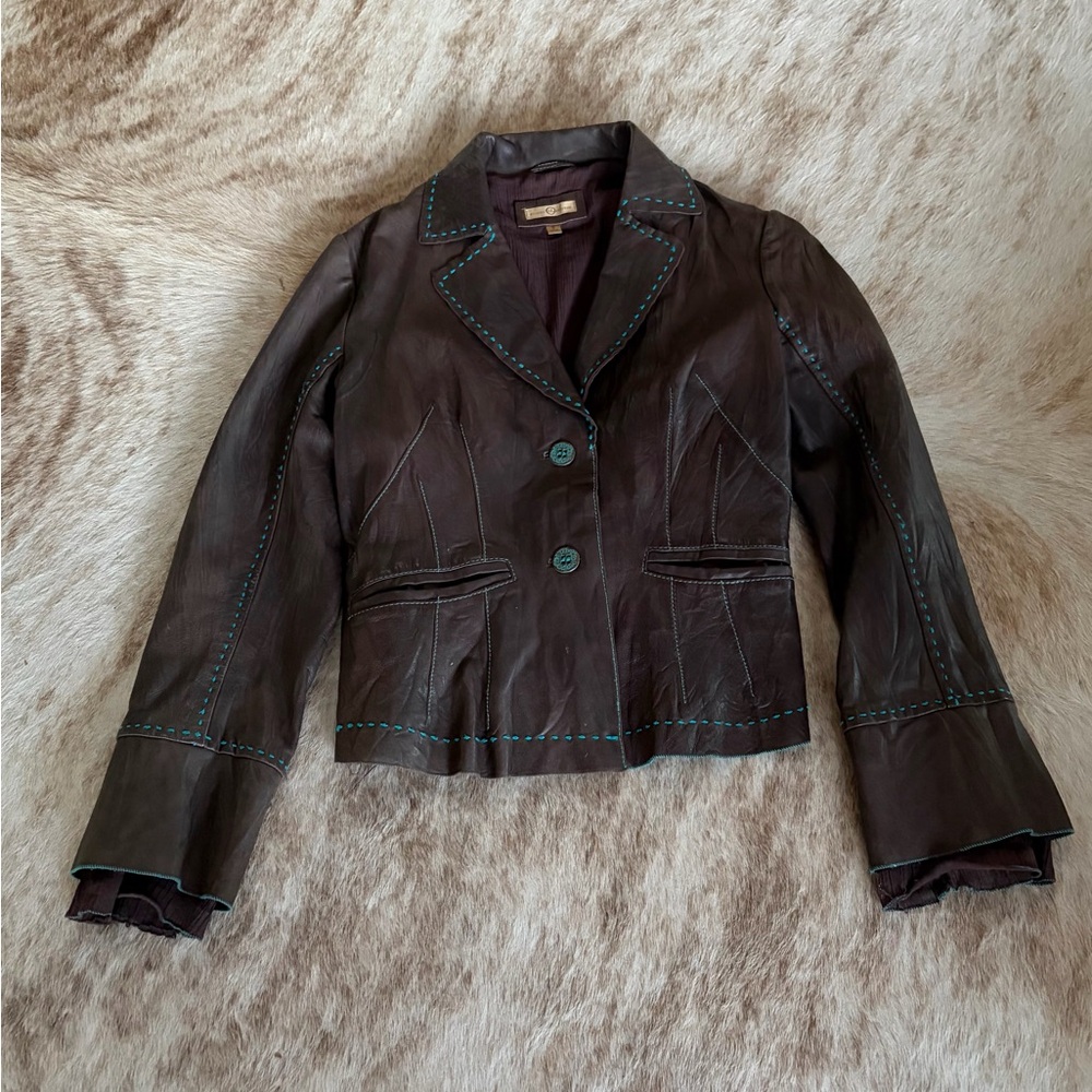 Wilsons Leather Dark Brown Blazer with Turquoise Stitching